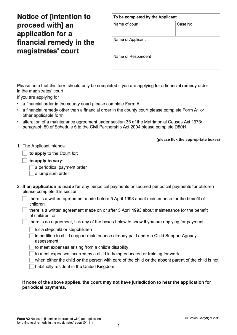 Form A2 Notice of [intention to proceed with] an application for a financial remedy in the magistrates court preview